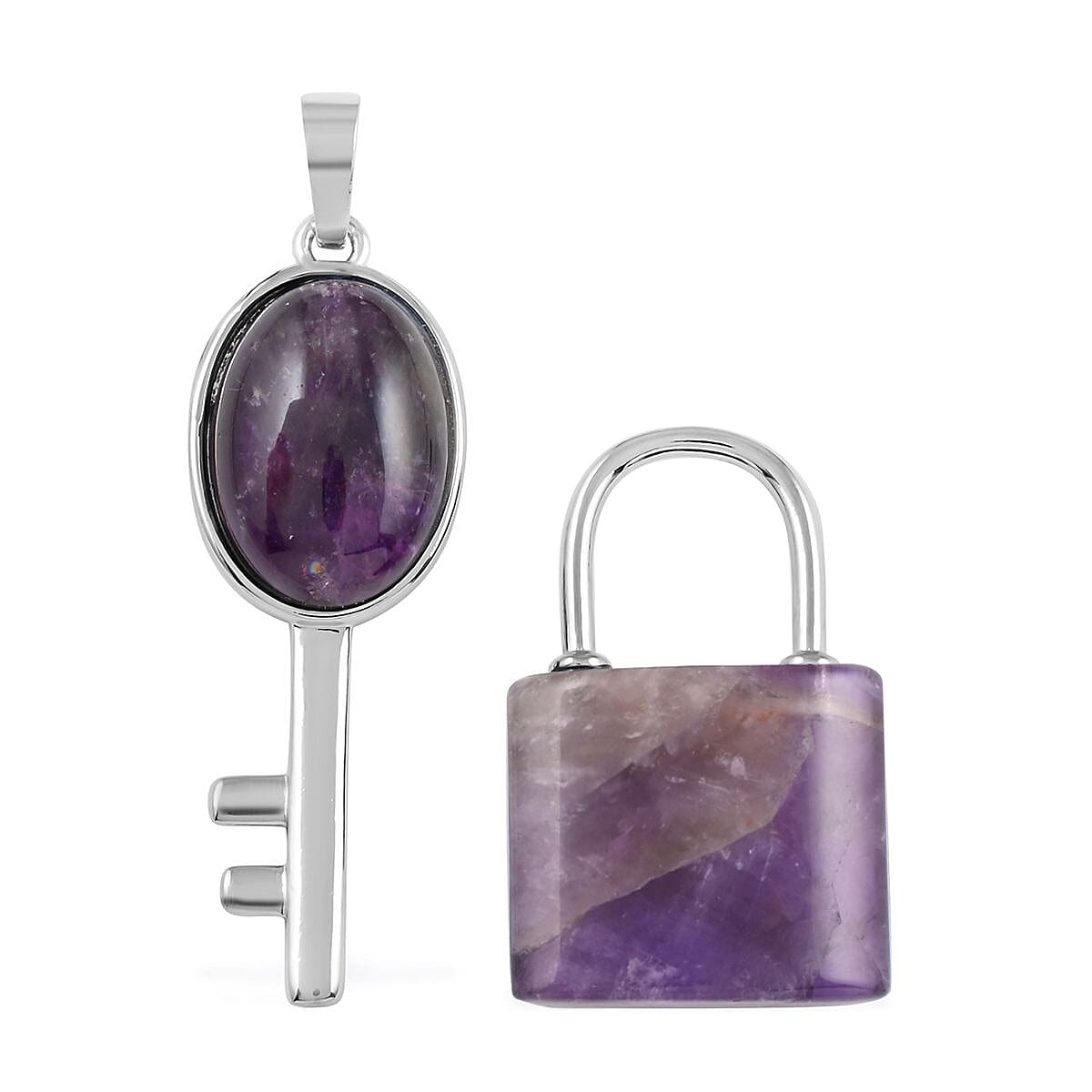 Amethyst Set of 2 Lock and Key Pendant in Silvertone 26.45 ctw image number 0