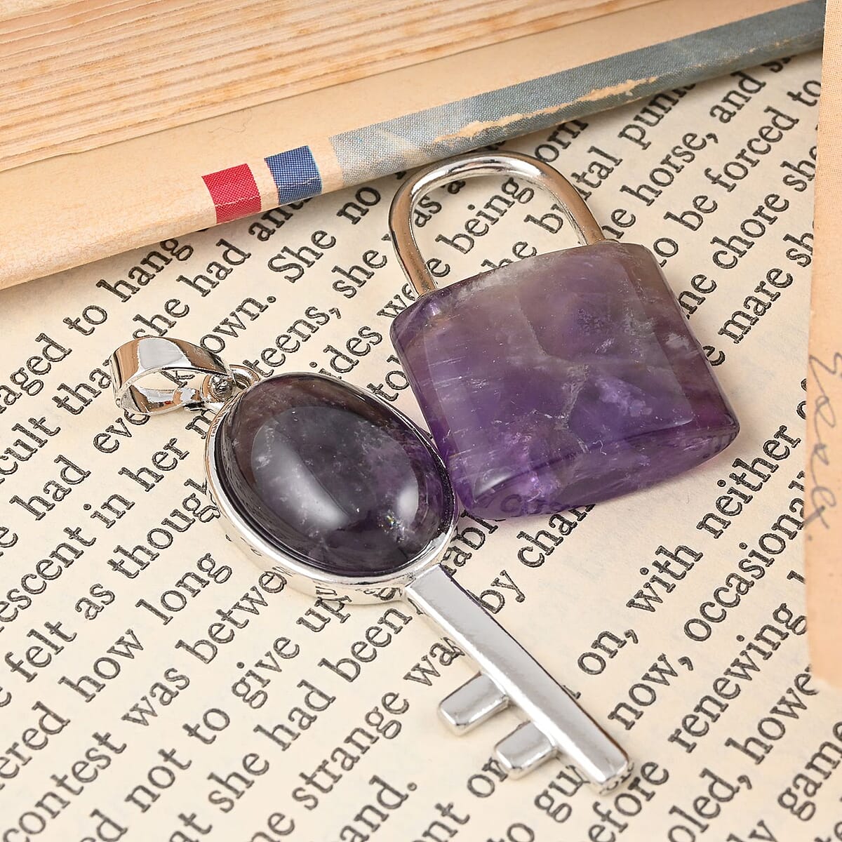 Amethyst Set of 2 Lock and Key Pendant in Silvertone 26.45 ctw image number 1