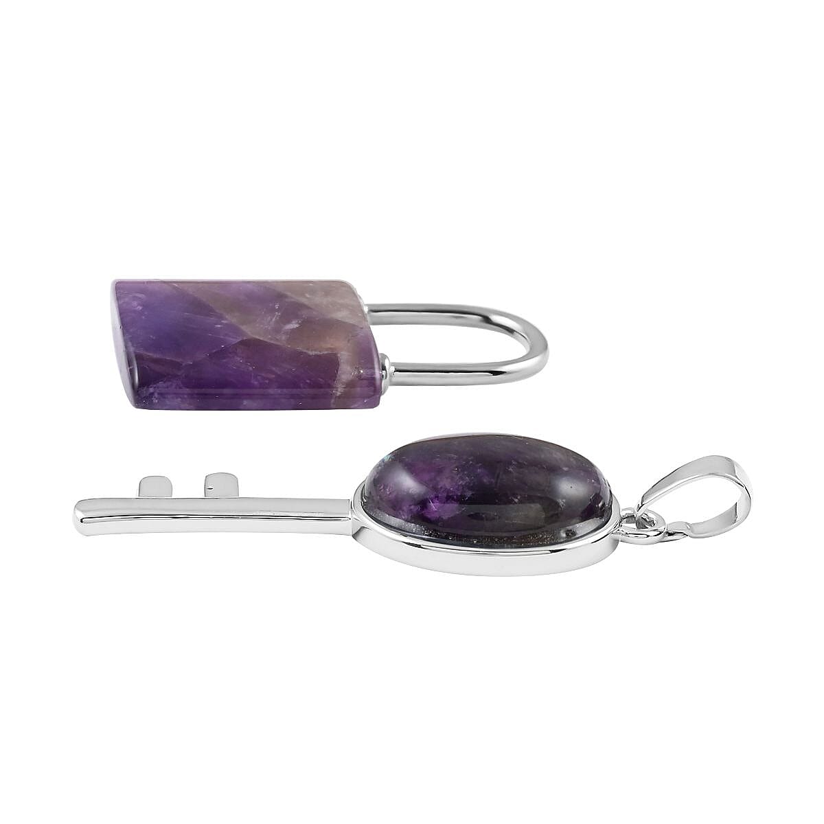 Amethyst Set of 2 Lock and Key Pendant in Silvertone 26.45 ctw image number 3