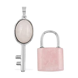 Galilea Rose Quartz Set of 2 Lock and Key Pendant in Silvertone 26.40 ctw