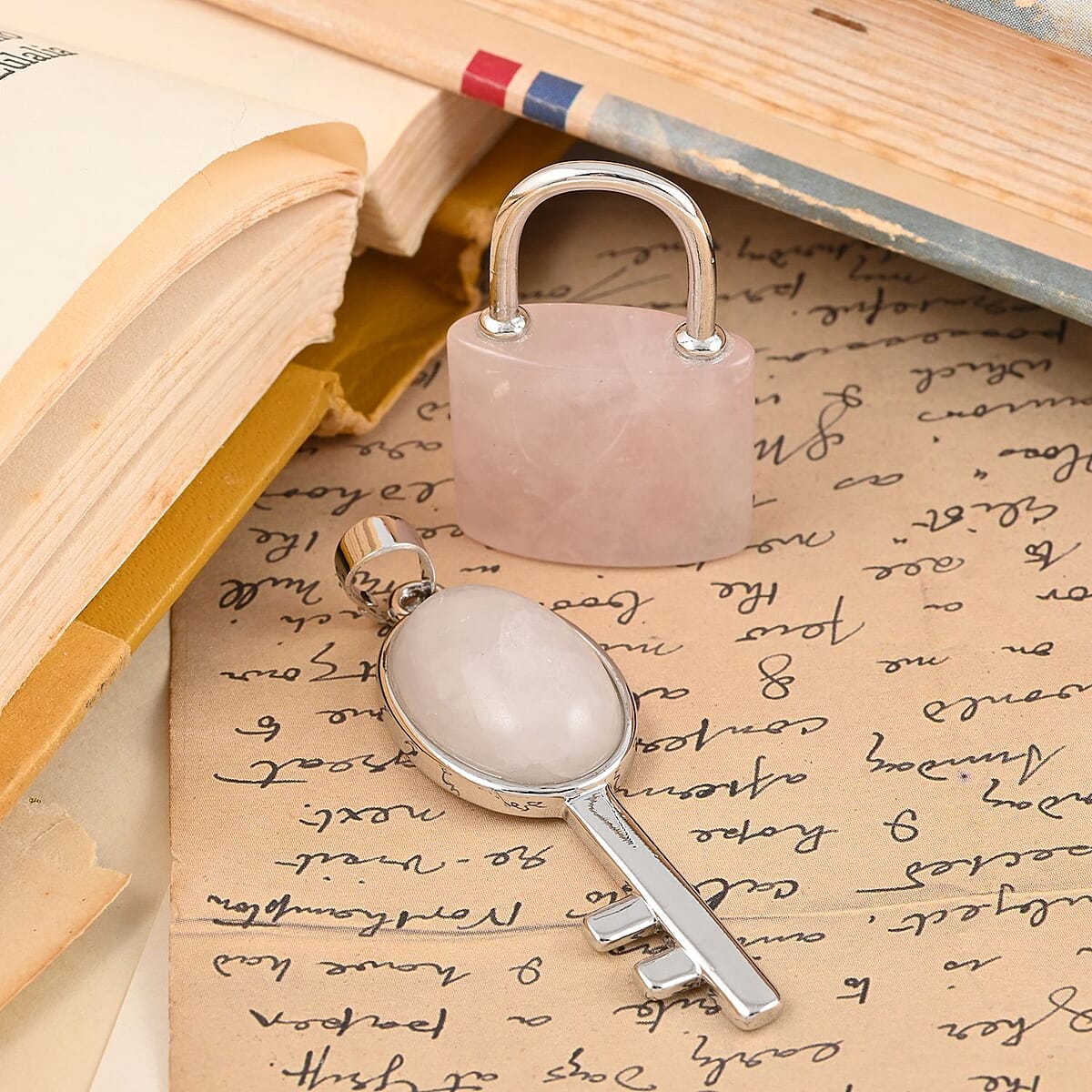 Galilea Rose Quartz Set of 2 Lock and Key Pendant in Silvertone 26.40 ctw image number 1