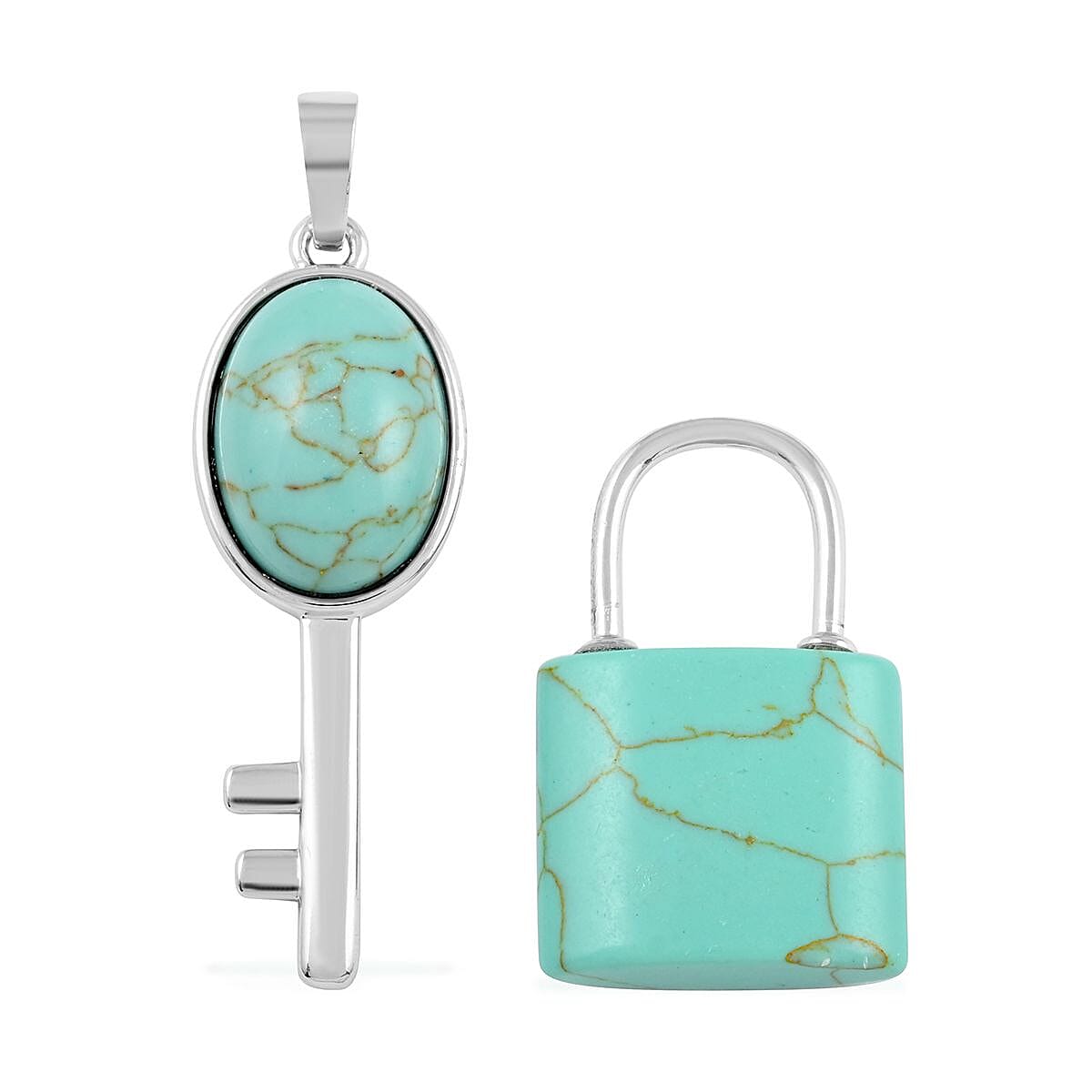 Mojave Turquoise Set of 2 Lock and Key Pendant in Silvertone 26.45 ctw image number 0