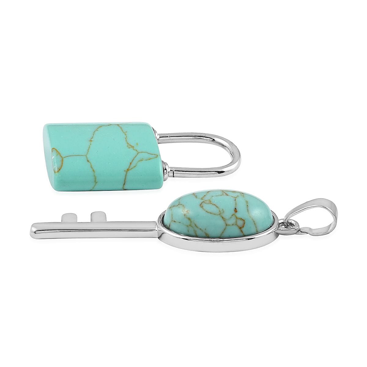 Mojave Turquoise Set of 2 Lock and Key Pendant in Silvertone 26.45 ctw image number 3
