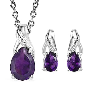Amethyst Earrings and Pendant in Sterling Silver with Stainless Steel Necklace 20 Inches 1.40 ctw