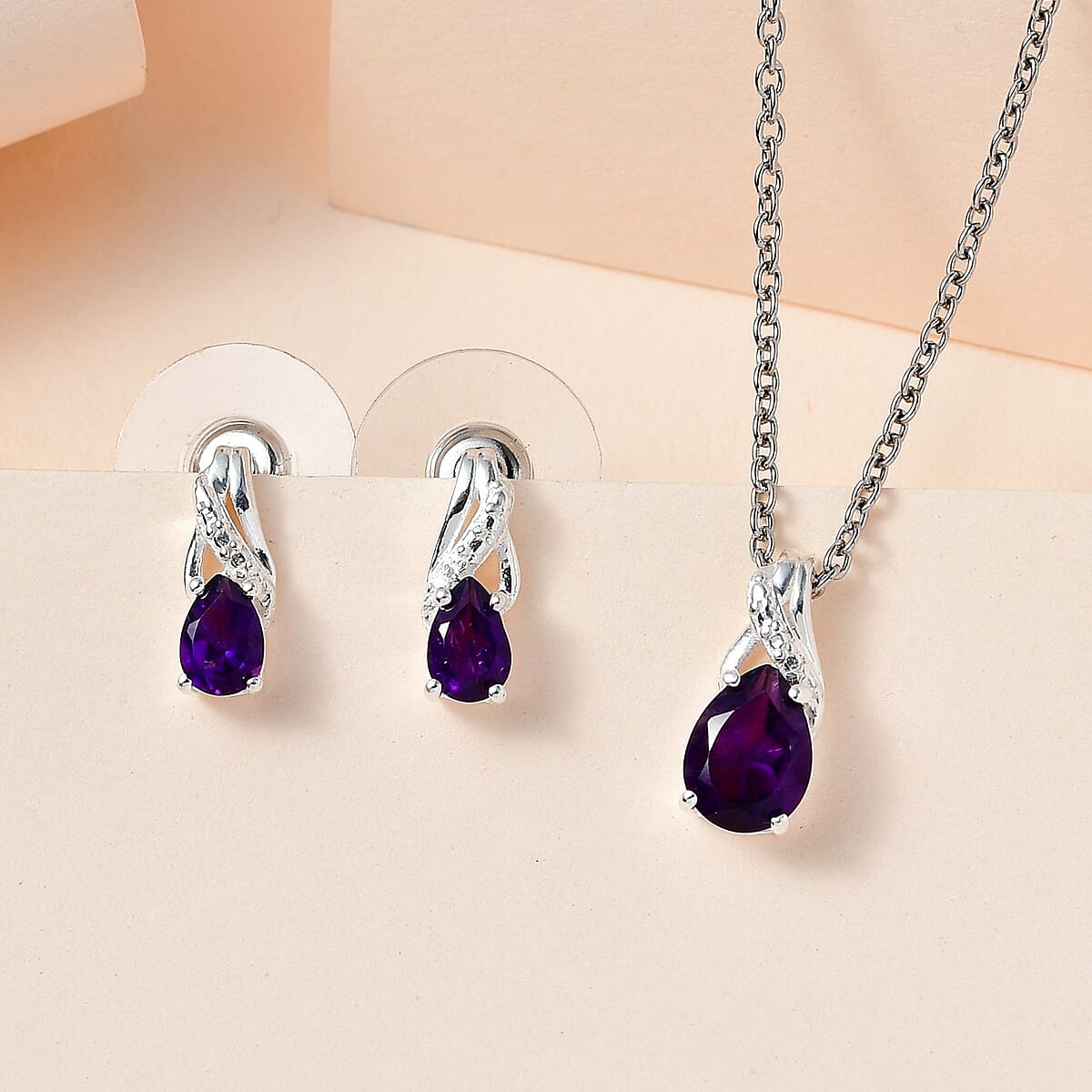 Amethyst Earrings and Pendant in Sterling Silver with Stainless Steel Necklace 20 Inches 1.40 ctw image number 1