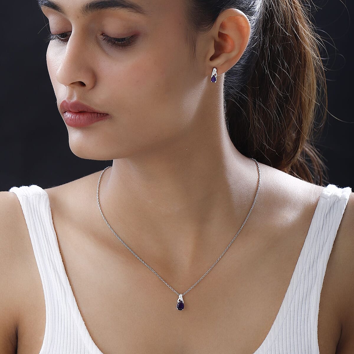 Amethyst Earrings and Pendant in Sterling Silver with Stainless Steel Necklace 20 Inches 1.40 ctw image number 2