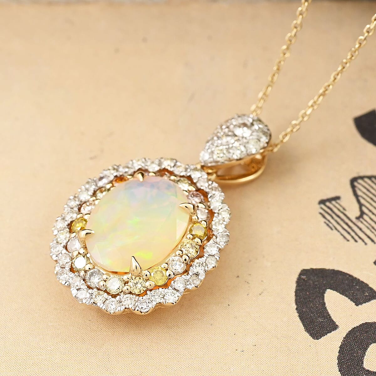 14K Yellow Gold Ethiopian Welo Opal and I2 Multi Diamond Pendant Necklace 18 Inches 1.50 ctw image number 1