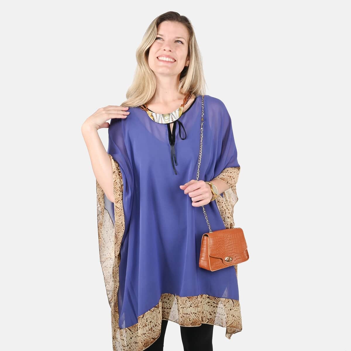 Shop the Look (Blue Kaftan Blouse, Brown Handbag, Necklace, Watch Combo) image number 2