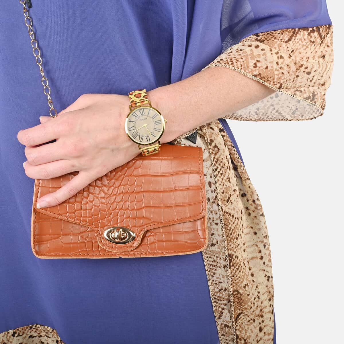 Shop the Look (Blue Kaftan Blouse, Brown Handbag, Necklace, Watch Combo) image number 3