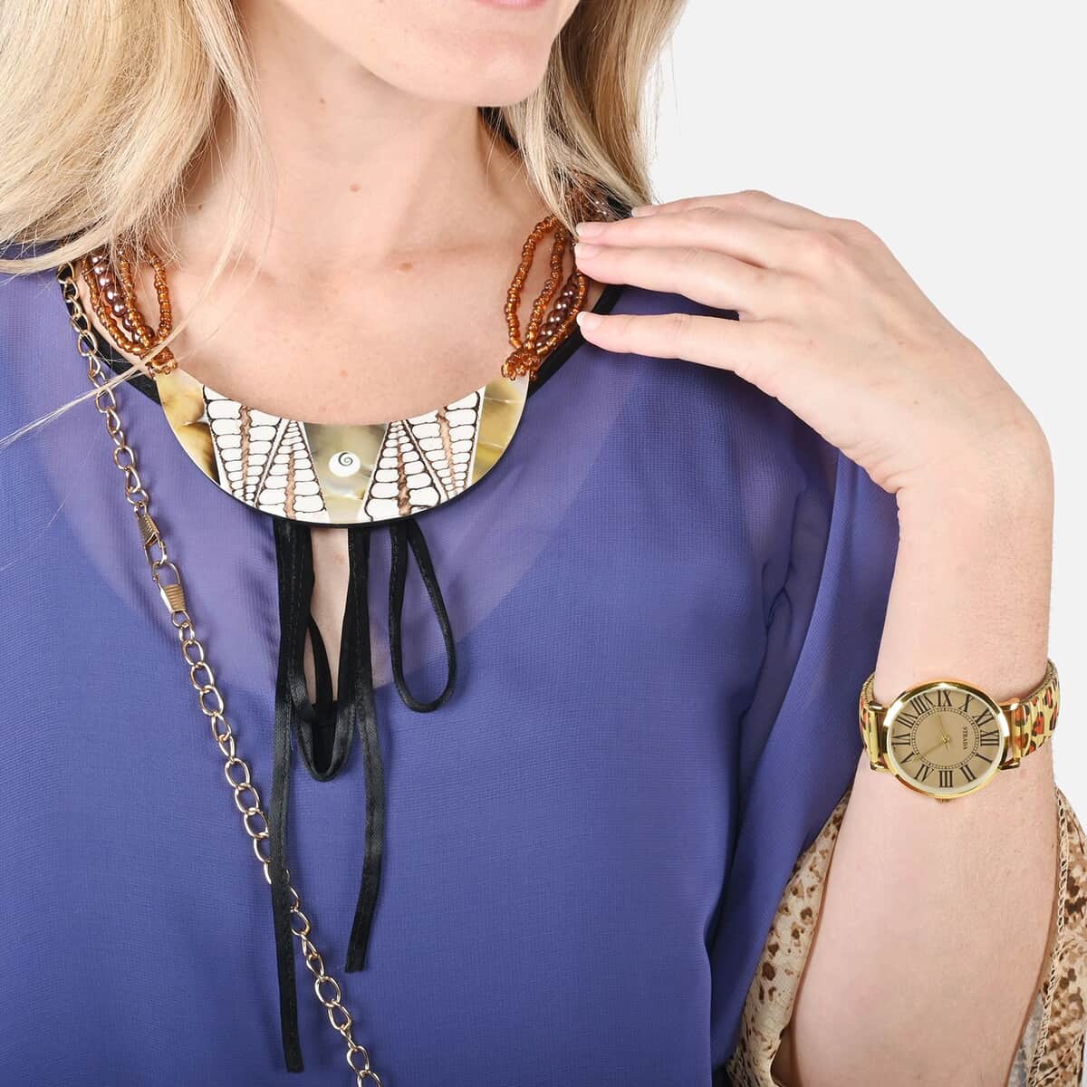 Shop the Look (Blue Kaftan Blouse, Brown Handbag, Necklace, Watch Combo) image number 4