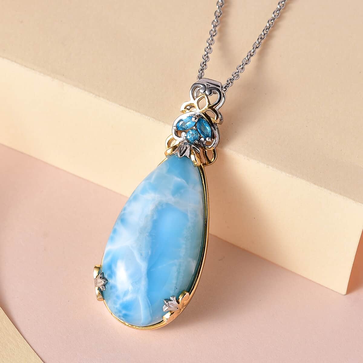 TLV Larimar, Malgache Neon Apatite Pendant Necklace (20 Inches) in Vermeil YG and Platinum Over Sterling Silver 20.35 ctw image number 1