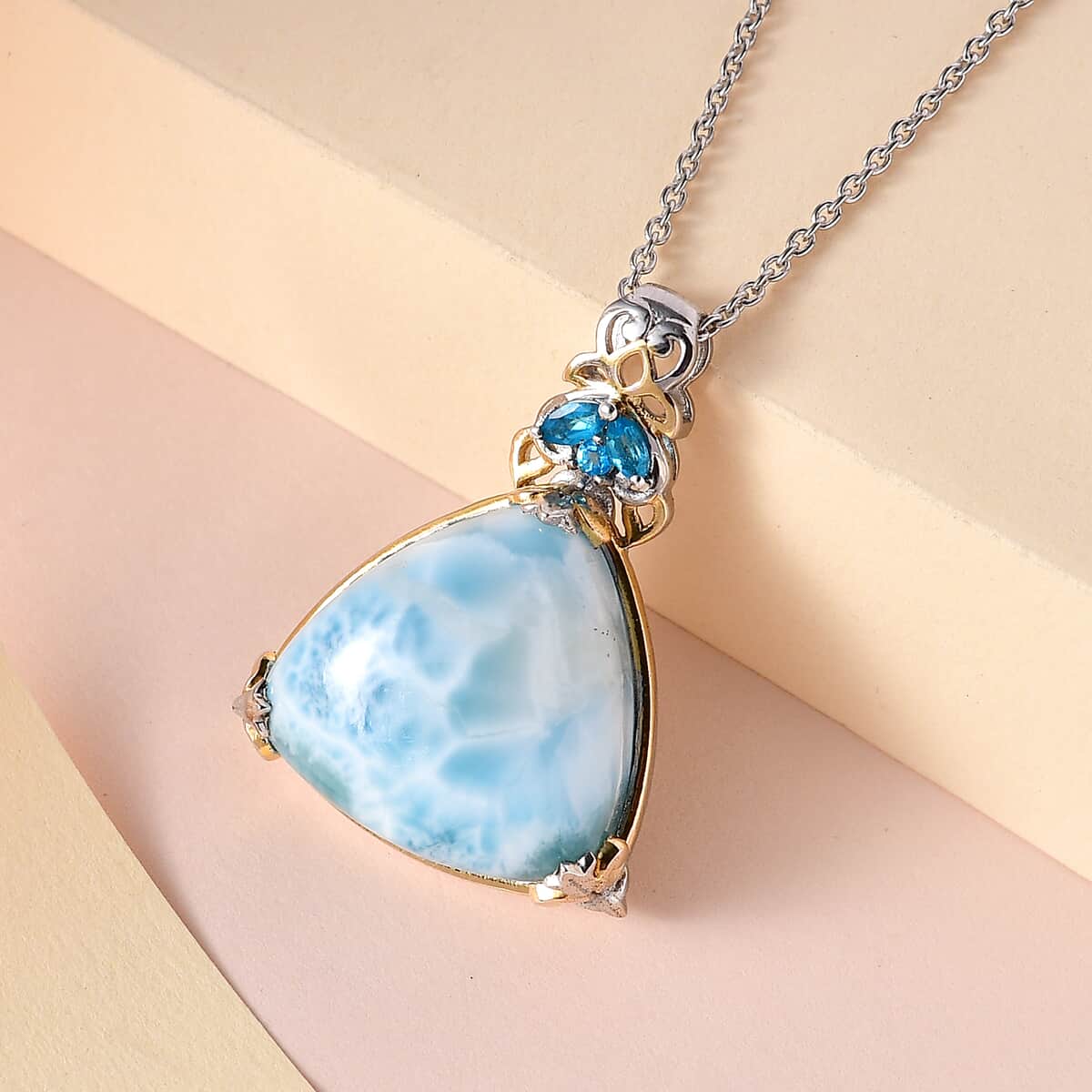 Larimar and Malgache Neon Apatite Pendant Necklace 20 Inches in Vermeil Yellow Gold and Platinum Over Sterling Silver 25.00 ctw image number 1