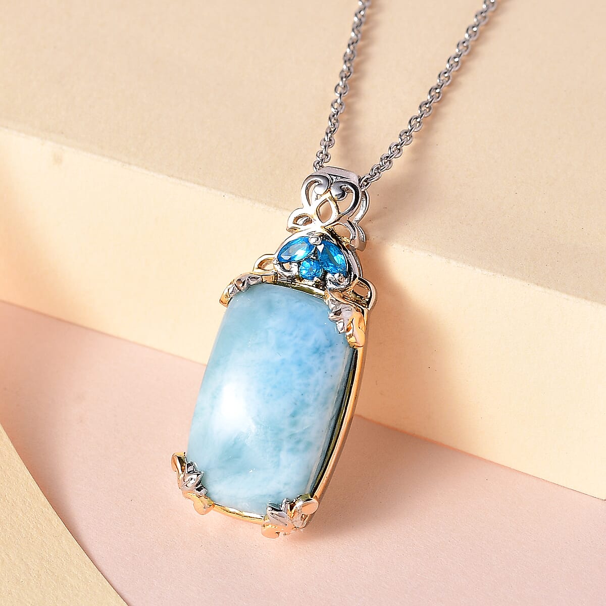Larimar and Malgache Neon Apatite Pendant Necklace 20 Inches in Vermeil Yellow Gold and Platinum Over Sterling Silver 16.35 ctw image number 1
