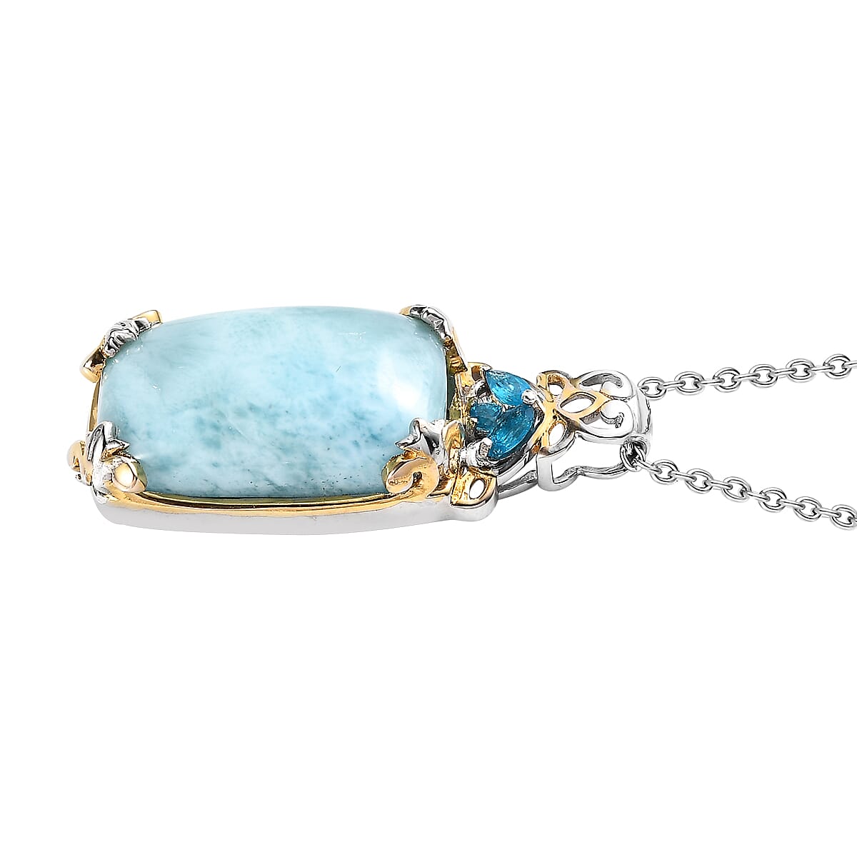 Larimar and Malgache Neon Apatite Pendant Necklace 20 Inches in Vermeil Yellow Gold and Platinum Over Sterling Silver 16.35 ctw image number 3