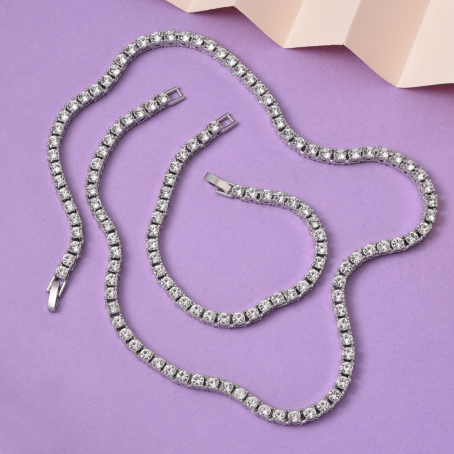 Austrian Crystal Tennis Necklace 20 Inches and Bracelet (6.50In) in Silvertone