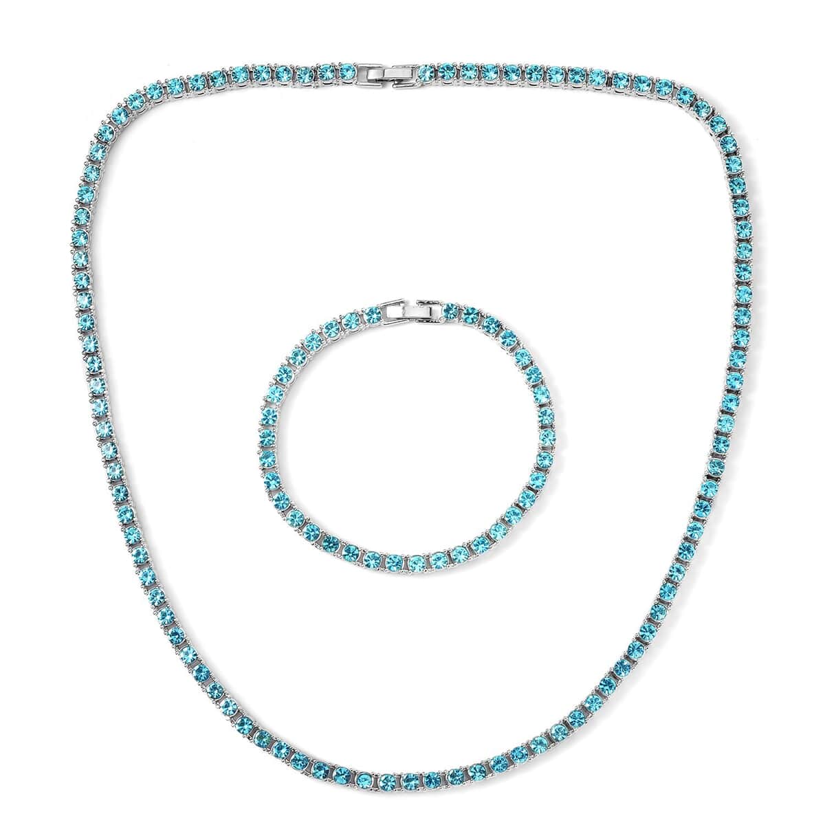 Sky Blue Austrian Crystal Tennis Necklace 20 Inches and Bracelet (7.25In) in Silvertone image number 0