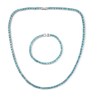 Sky Blue Austrian Crystal Tennis Necklace 20 Inches and Bracelet (7.25In) in Silvertone