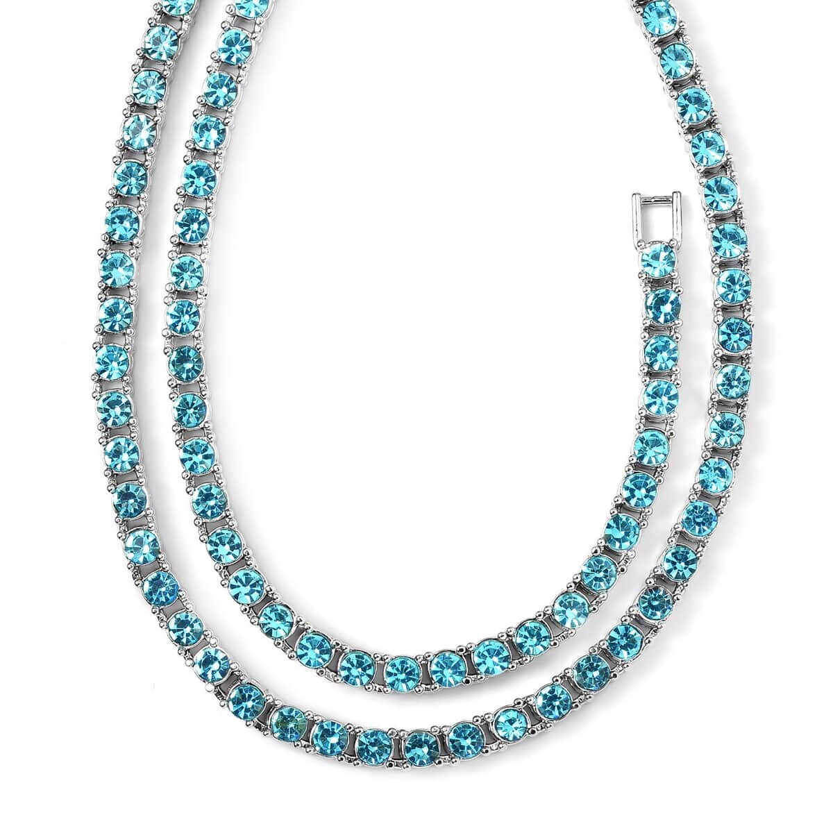 Sky Blue Austrian Crystal Tennis Necklace 20 Inches and Bracelet (7.25In) in Silvertone image number 2
