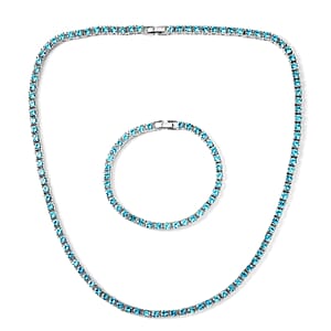 Sky Blue Austrian Crystal Tennis Necklace 20 Inches and Bracelet (8.0In) in Silvertone