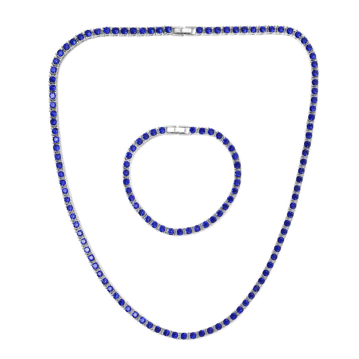 Blue Austrian Crystal Tennis Necklace 20 Inches and Bracelet (7.25In) in Silvertone image number 0