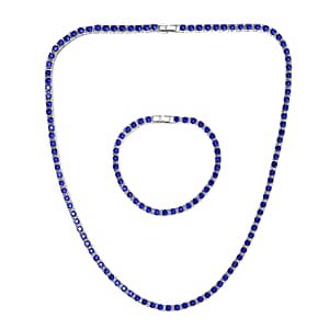 Blue Austrian Crystal Tennis Necklace 20 Inches and Bracelet (7.25In) in Silvertone