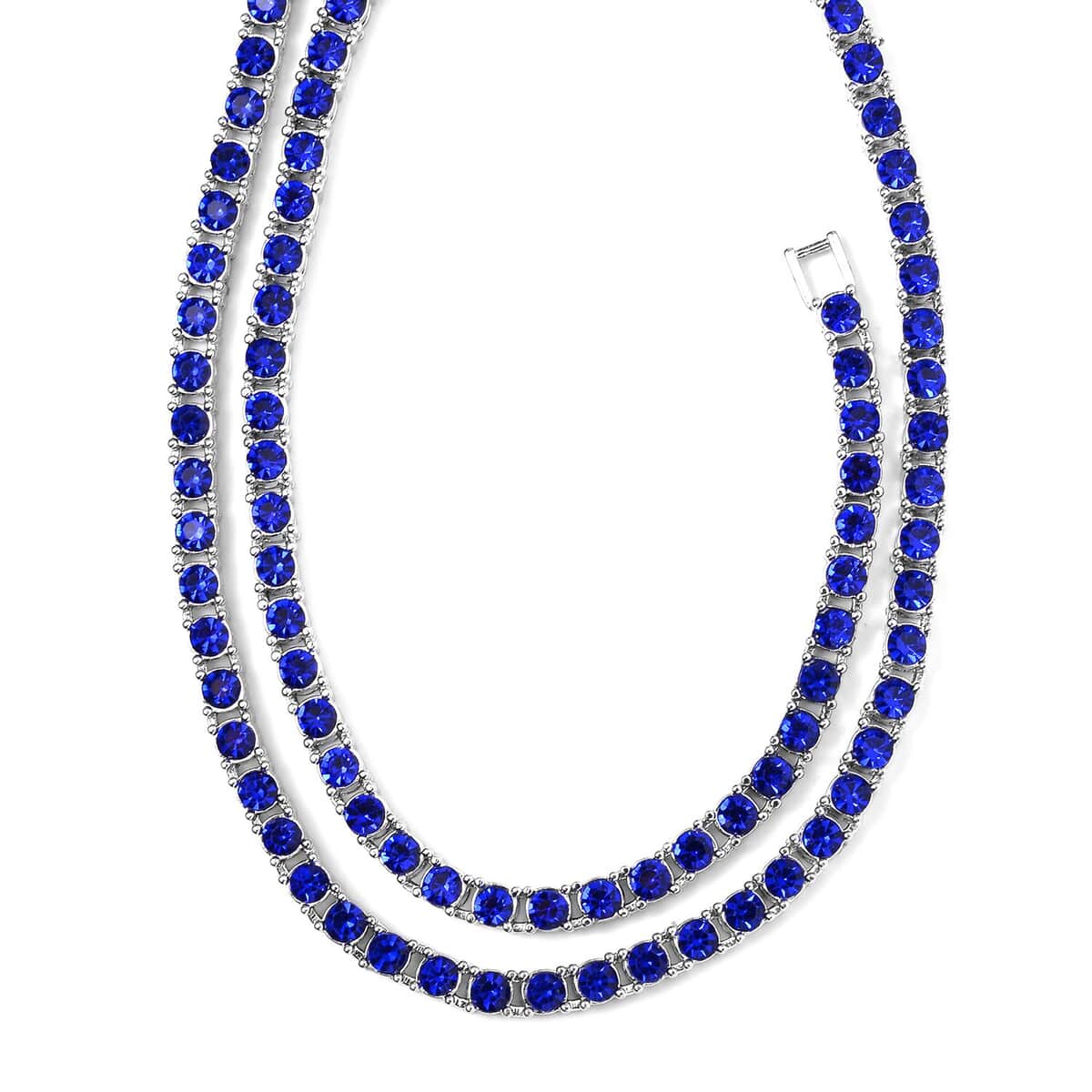 Blue Austrian Crystal Tennis Necklace 20 Inches and Bracelet (7.25In) in Silvertone image number 2