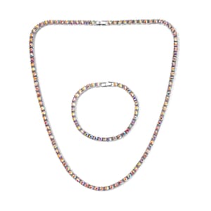 White Mystic Austrian Crystal Tennis Necklace 20 Inches and Bracelet (8.0In) in Silvertone