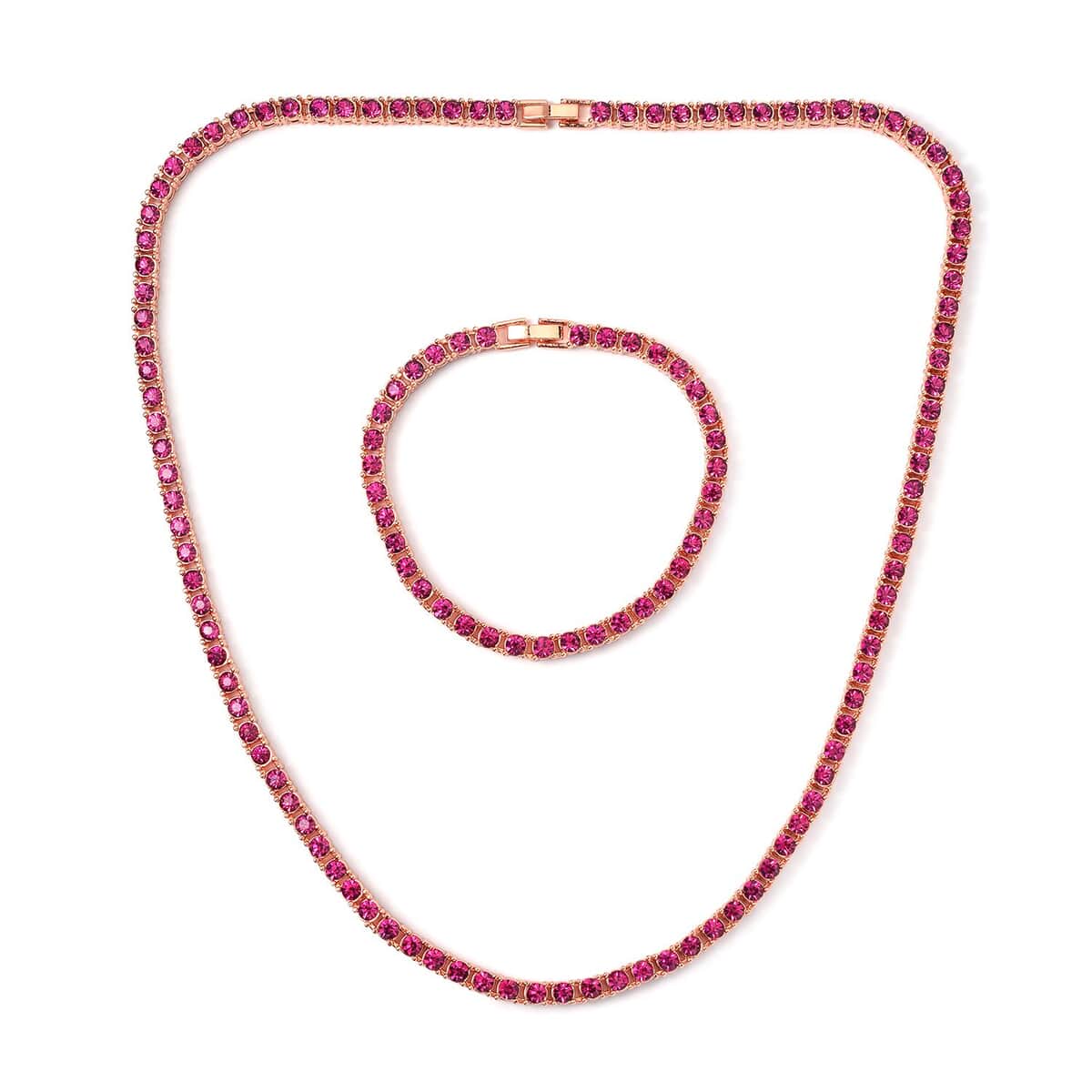 Fuchsia Color Austrian Crystal Tennis Necklace 20 Inches and Bracelet (7.25In) in Rosetone image number 0