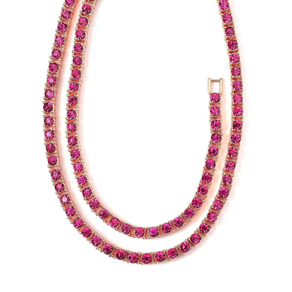 Fuchsia Color Austrian Crystal Tennis Necklace 20 Inches and Bracelet (7.25In) in Rosetone image number 2