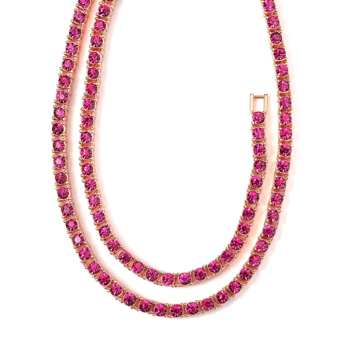 Fuchsia Color Austrian Crystal Tennis Necklace 20 Inches and Bracelet (8.0In) in Rosetone image number 2