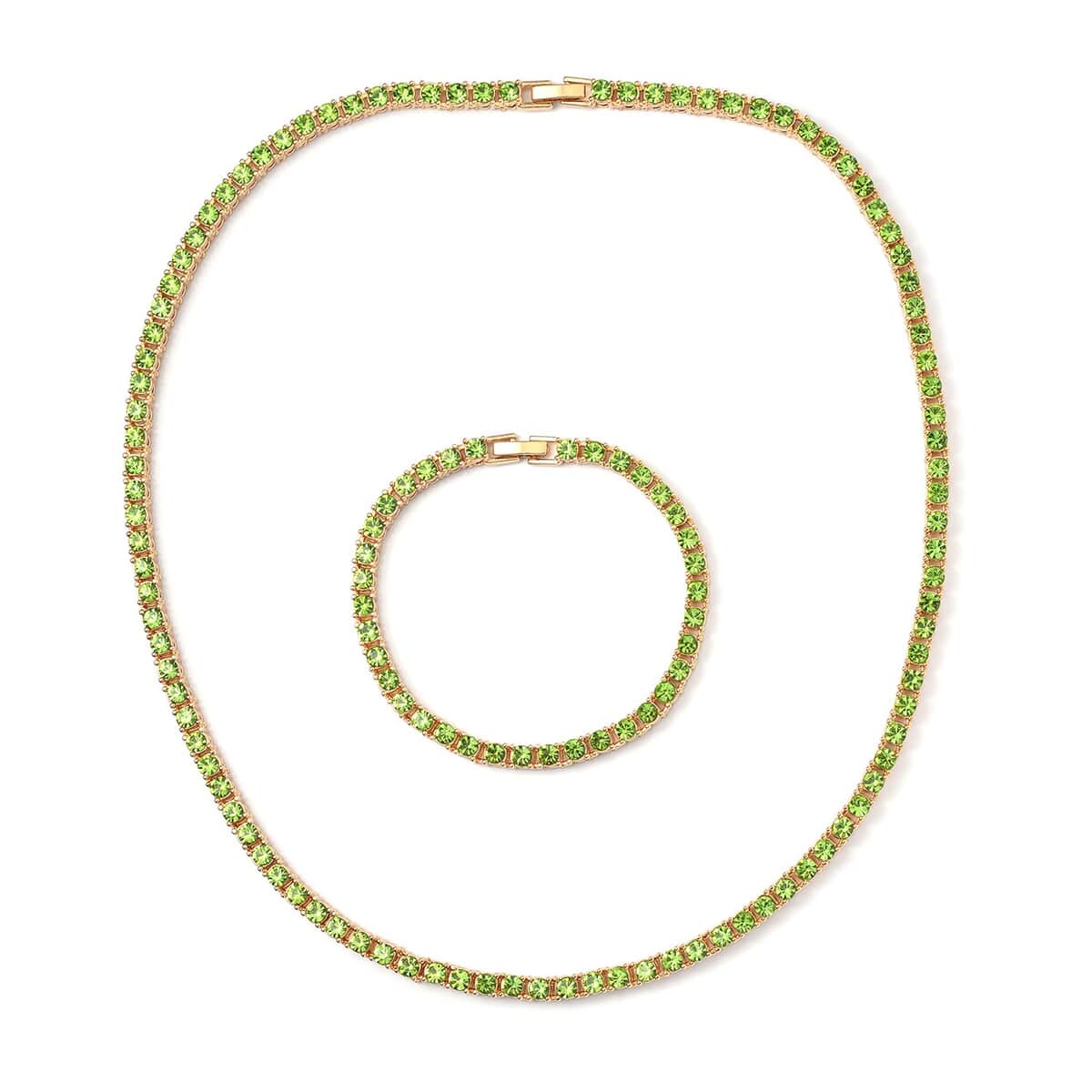 Neon Green Austrian Crystal Tennis Necklace 20 Inches and Bracelet (6.50In) in Goldtone image number 0