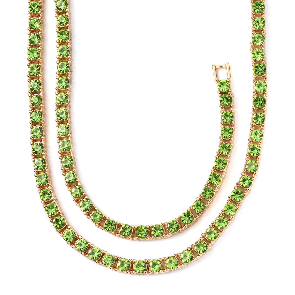 Neon Green Austrian Crystal Tennis Necklace 20 Inches and Bracelet (7.25In) in Goldtone image number 2