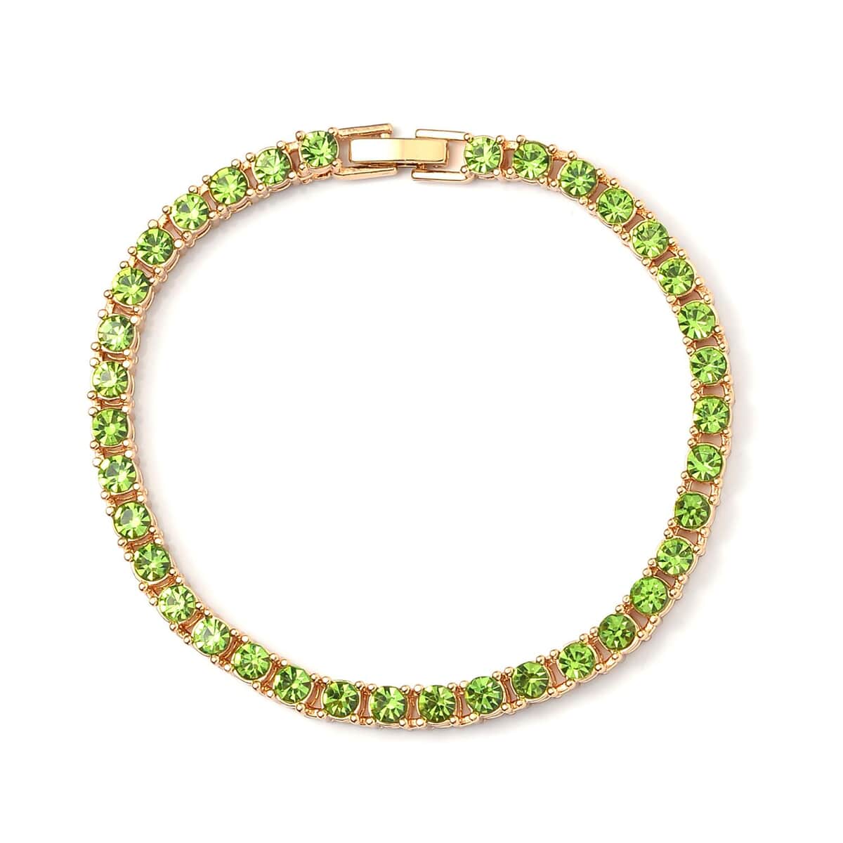 Neon Green Austrian Crystal Tennis Necklace 20 Inches and Bracelet (7.25In) in Goldtone image number 5
