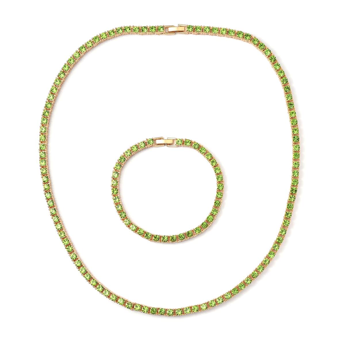 Neon Green Austrian Crystal Tennis Necklace 20 Inches and Bracelet (8.0In) in Goldtone image number 0