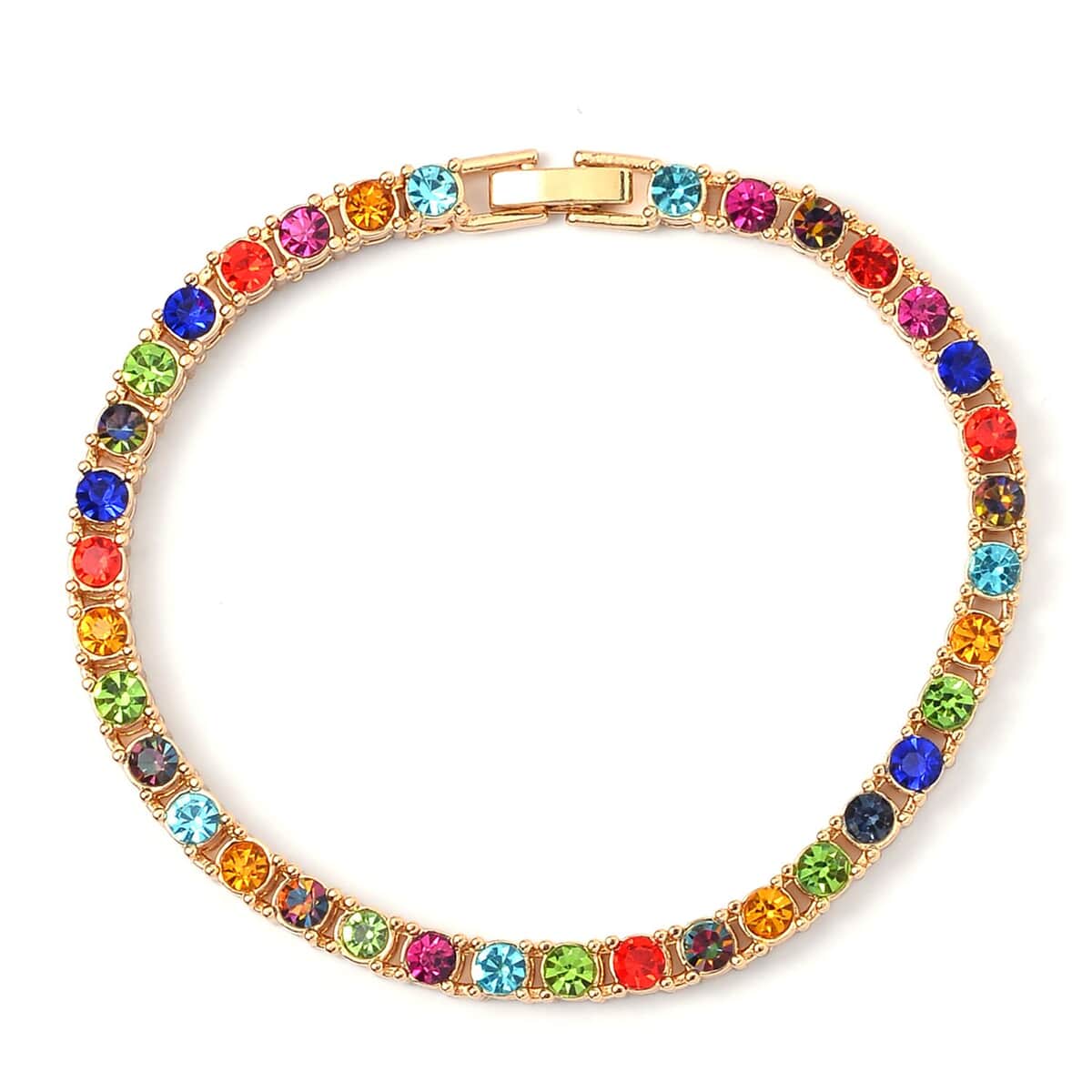 Multi Color Austrian Crystal Tennis Necklace 20 Inches and Bracelet (7.25In) in Goldtone image number 5