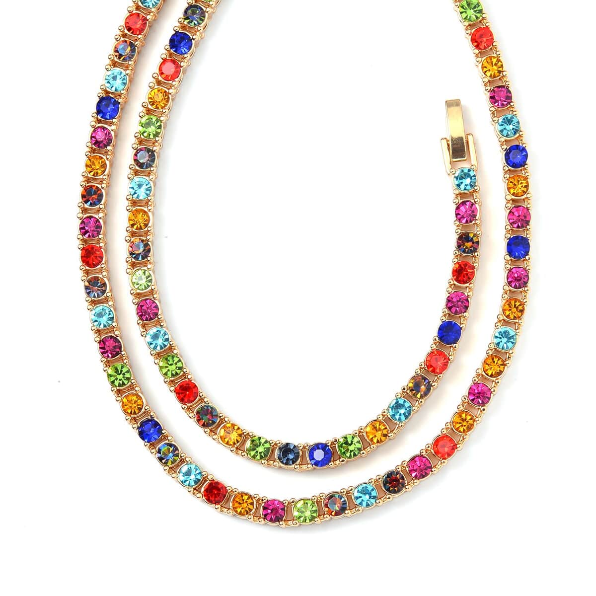 Multi Color Austrian Crystal Tennis Necklace 20 Inches and Bracelet (8.0In) in Goldtone image number 2