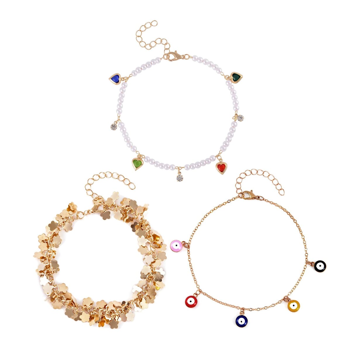 Multi Color Austrian Crystal, Simulated Pearl Enameled Set of 3 Flower, Beaded and Evil Eye Anklet in Goldtone (8.5-10.5In, 9-11In) image number 0