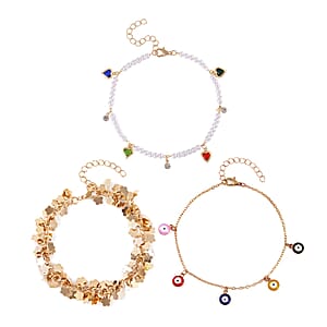 Multi Color Austrian Crystal, Simulated Pearl Enameled Set of 3 Flower, Beaded and Evil Eye Anklet in Goldtone (8.5-10.5In, 9-11In)