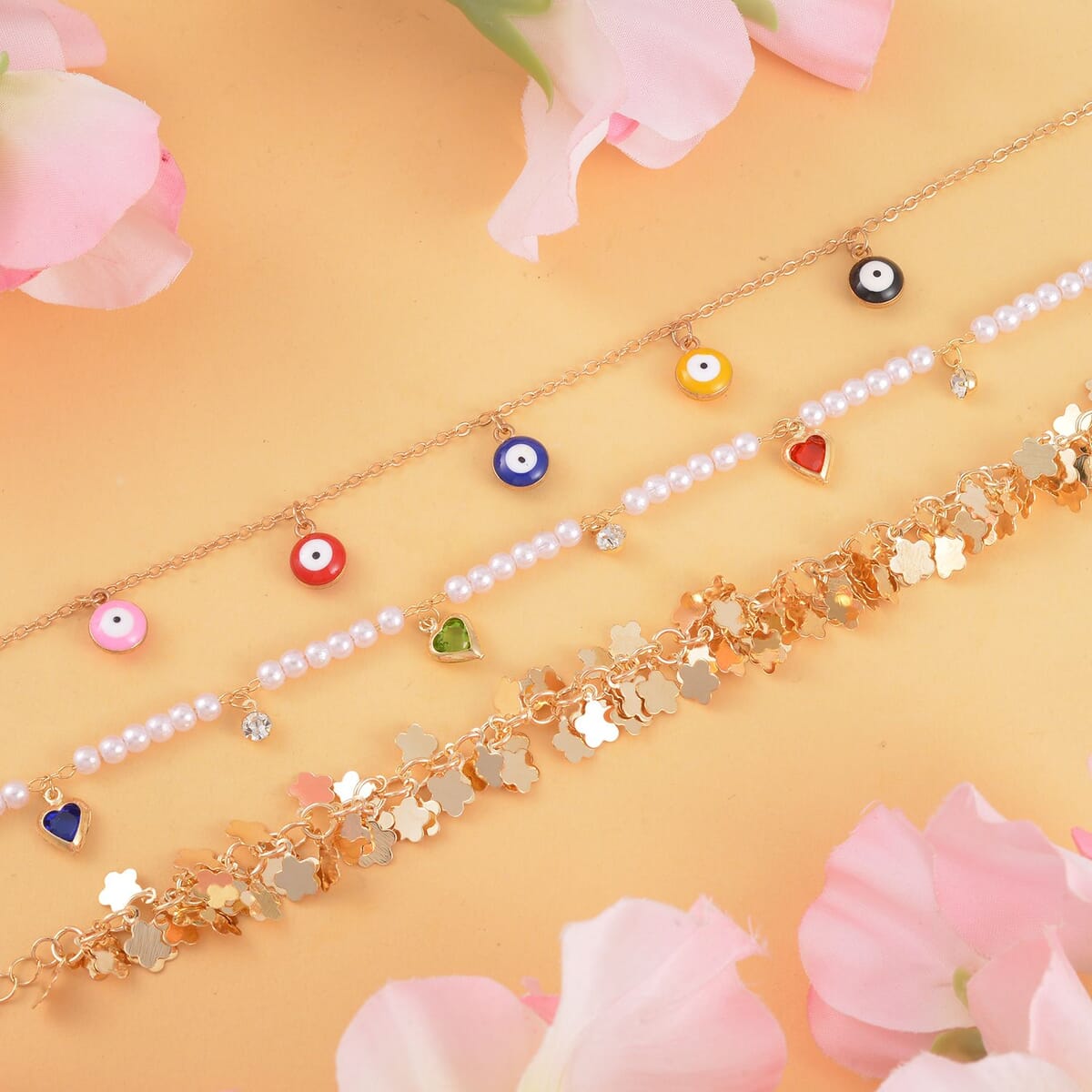 Multi Color Austrian Crystal, Simulated Pearl Enameled Set of 3 Flower, Beaded and Evil Eye Anklet in Goldtone (8.5-10.5In, 9-11In) image number 1