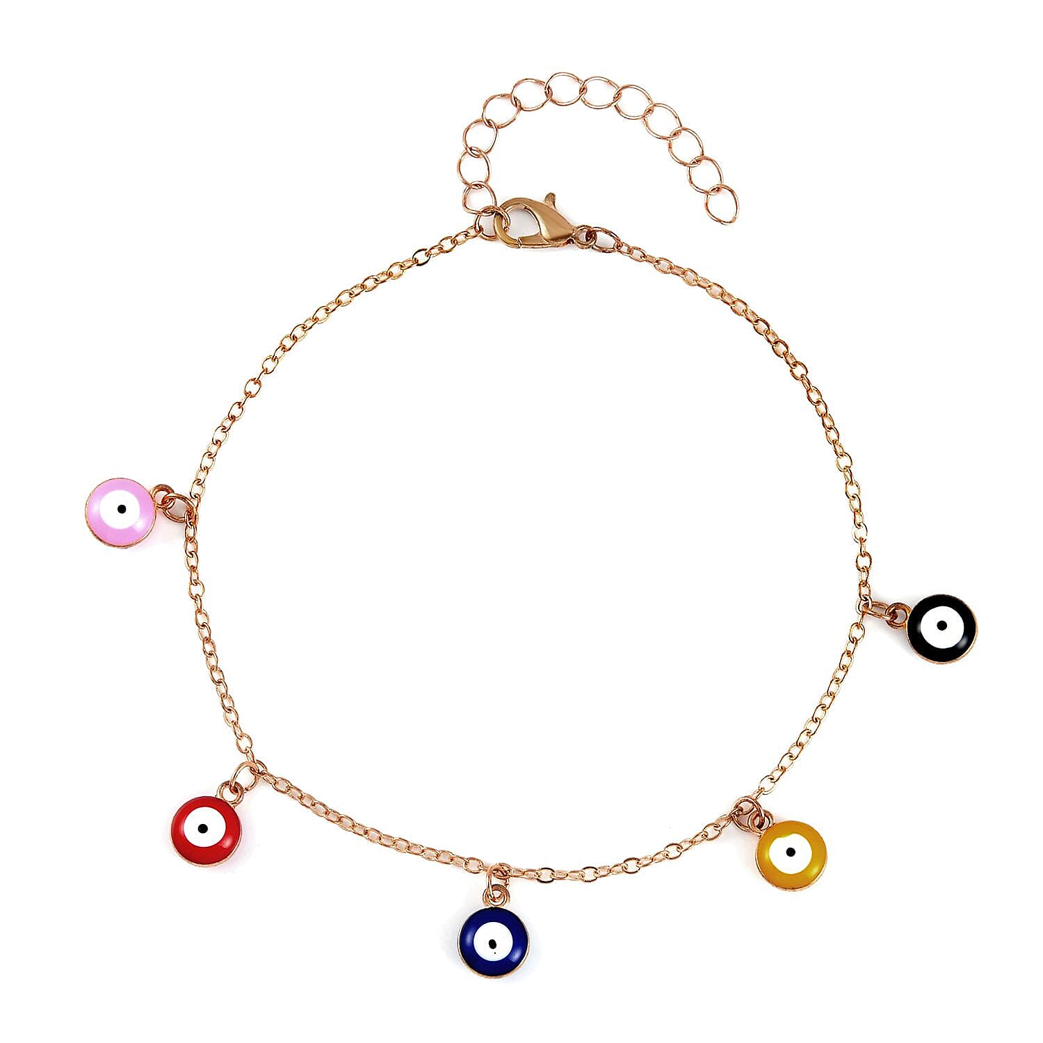 Multi Color Austrian Crystal, Simulated Pearl Enameled Set of 3 Flower, Beaded and Evil Eye Anklet in Goldtone (8.5-10.5In, 9-11In)
