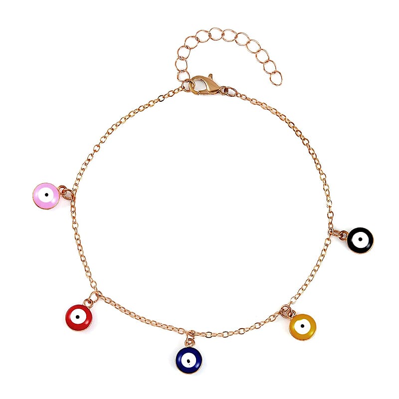 Multi Color Austrian Crystal, Simulated Pearl Enameled Set of 3 Flower, Beaded and Evil Eye Anklet in Goldtone (8.5-10.5In, 9-11In)