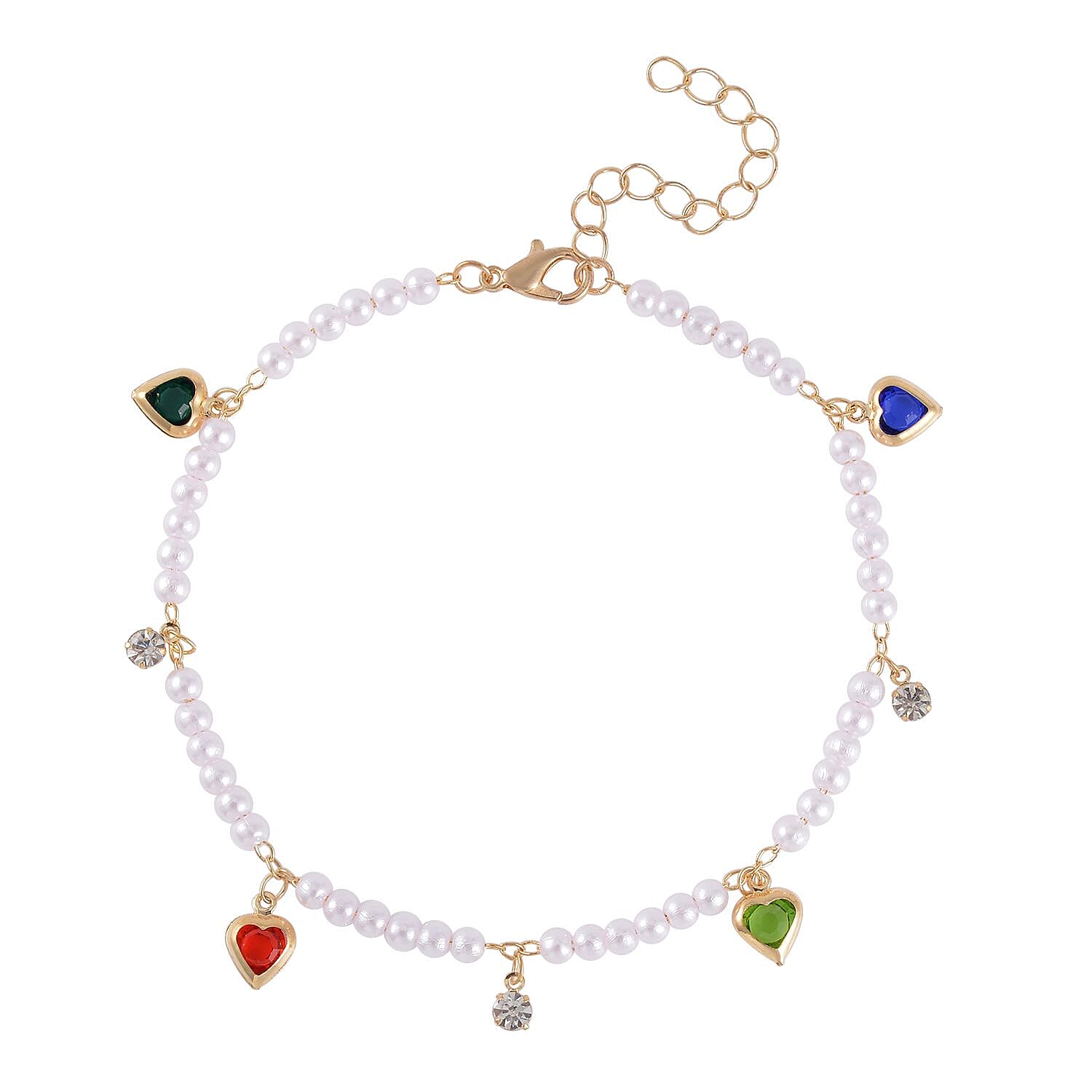 Multi Color Austrian Crystal, Simulated Pearl Enameled Set of 3 Flower, Beaded and Evil Eye Anklet in Goldtone (8.5-10.5In, 9-11In)