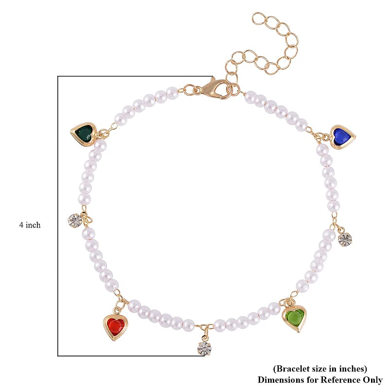 Multi Color Austrian Crystal, Simulated Pearl Enameled Set of 3 Flower, Beaded and Evil Eye Anklet in Goldtone (8.5-10.5In, 9-11In)