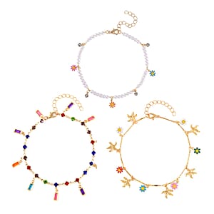 Multi Color Austrian Crystal, Multi Gemstone Enameled Set of 3 Flower, Beaded and Star Anklet in Goldtone (8.5-10.5In, 9-11In)