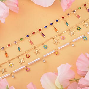 Multi Color Austrian Crystal, Multi Gemstone Enameled Set of 3 Flower, Beaded and Star Anklet in Goldtone (8.5-10.5In, 9-11In)