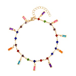 Multi Color Austrian Crystal, Multi Gemstone Enameled Set of 3 Flower, Beaded and Star Anklet in Goldtone (8.5-10.5In, 9-11In)