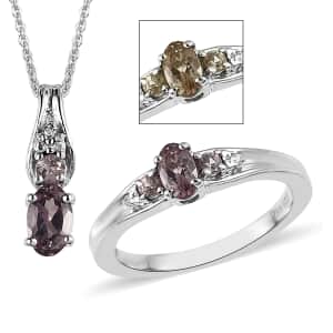 Bekily Color Change Garnet, White Zircon Ring (Size 8.0) and Pendant Necklace 20 Inches in Platinum Over Sterling Silver 0.75 ctw