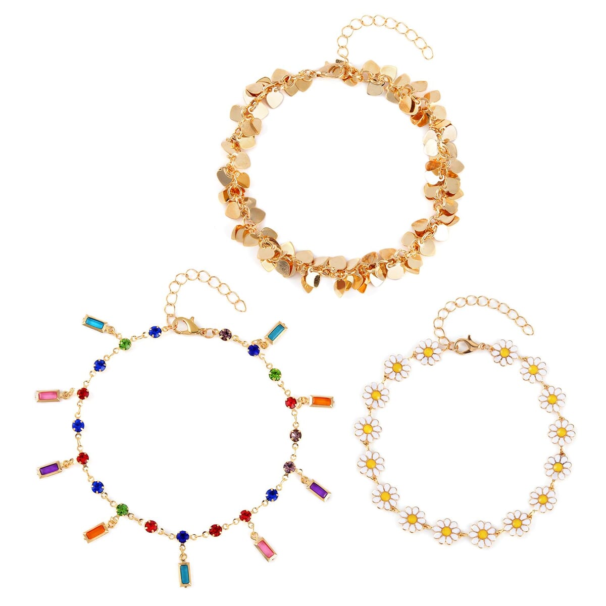 Multi Color Austrian Crystal, Multi Color Glass Enameled Set of 3 Heart & Floral Anklet in Goldtone (9-11In) image number 0