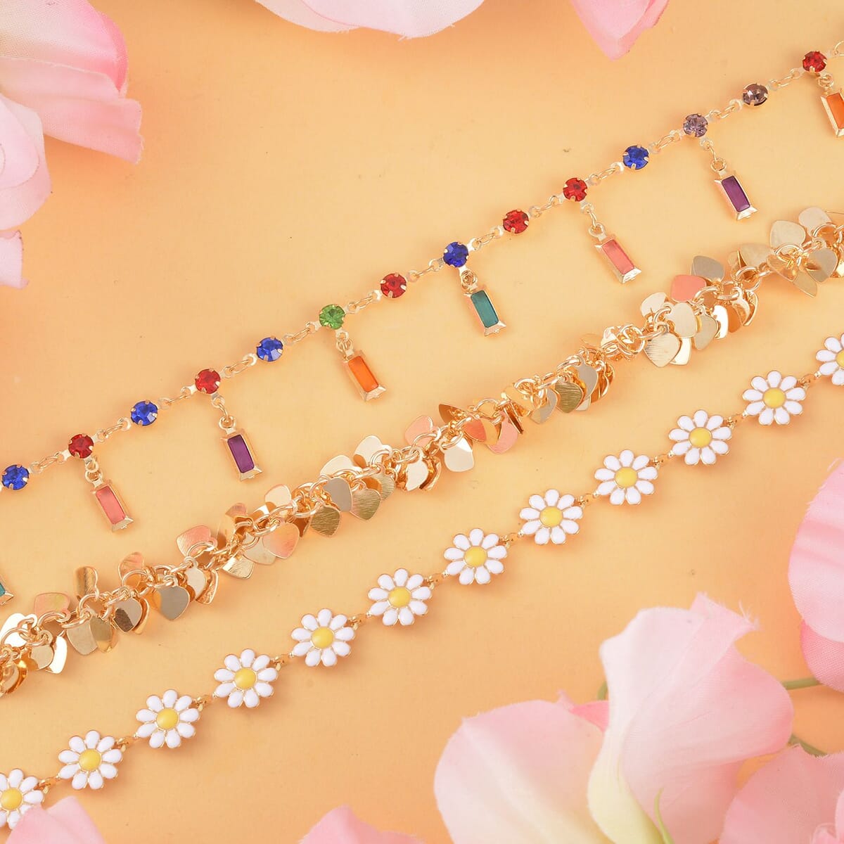 Multi Color Austrian Crystal, Multi Color Glass Enameled Set of 3 Heart & Floral Anklet in Goldtone (9-11In) image number 1