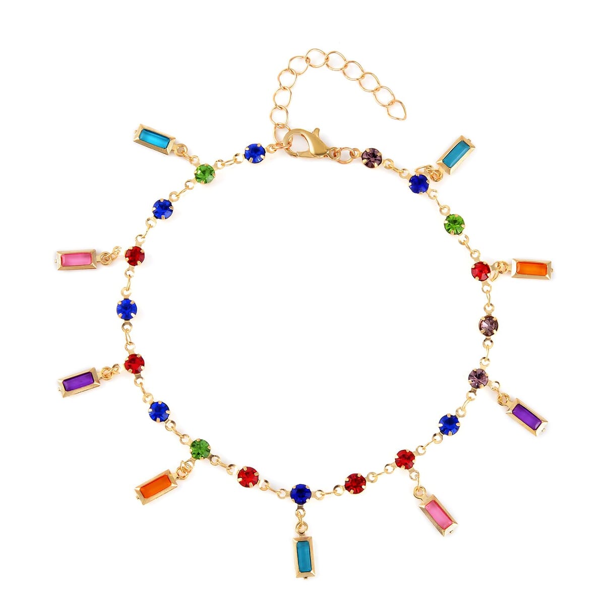 Multi Color Austrian Crystal, Multi Color Glass Enameled Set of 3 Heart & Floral Anklet in Goldtone (9-11In) image number 2